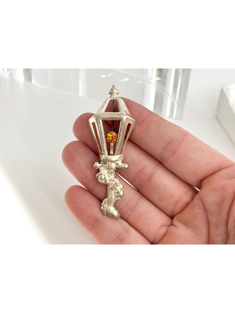 Lang Sterling Circa 1950's Lamp Post Citrine Sterling Silver 925 Vintage Brooch - Picture 13 of 13
